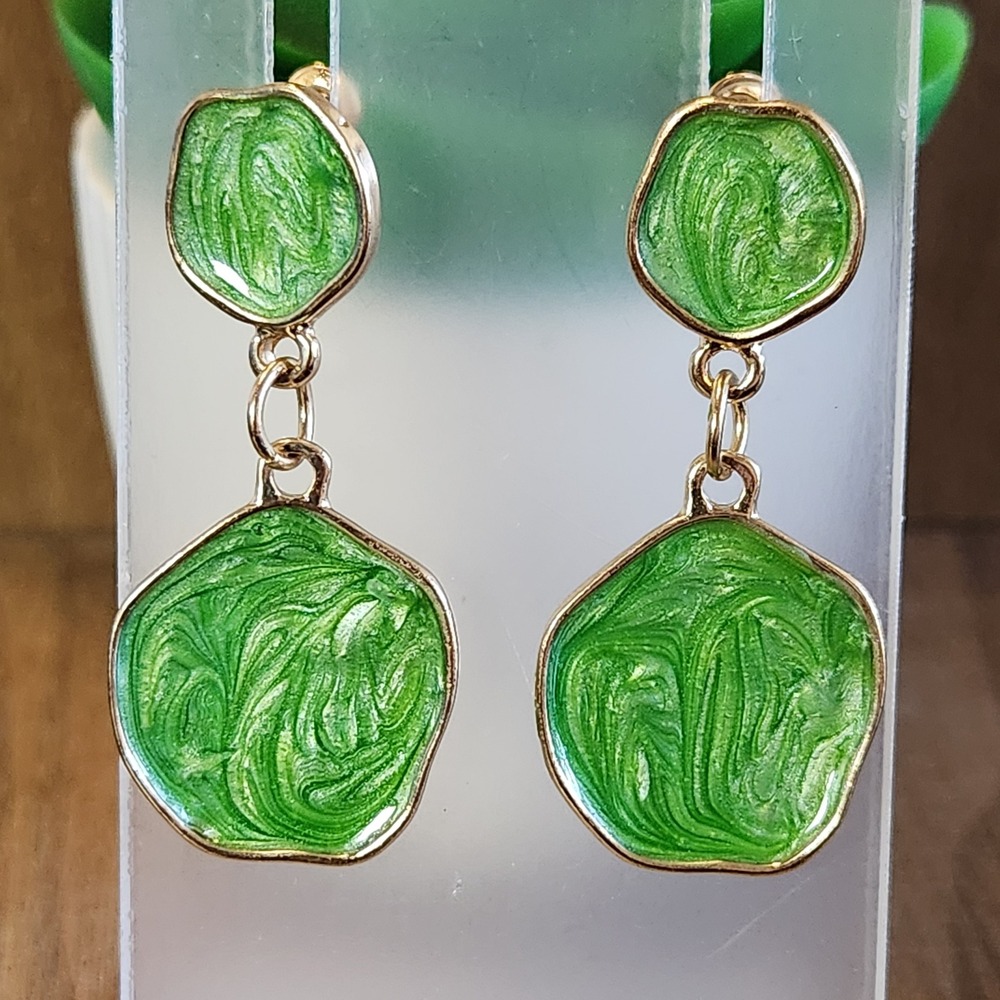 Green Swirl Enamel Gold Tone Geometric Double Drop Dangle Earrings Women 1.75"